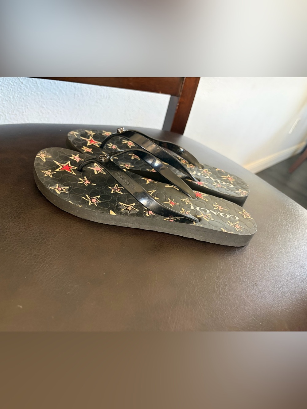 Coach Black Flip Flop Sandals with Star Print